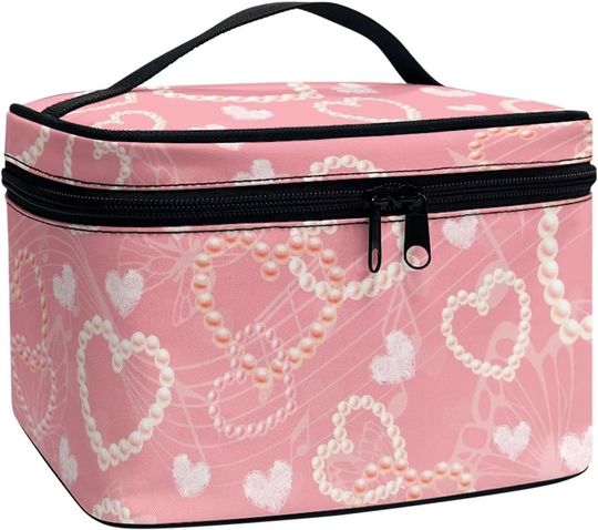 COEQINE Pink Love Makeup Bag for Women, Portable Cosmetic for Travel, Gift for Birthday
