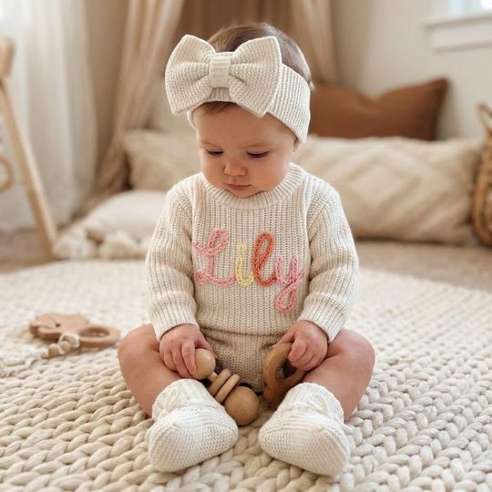 Discover Personalized Embroidered Name Baby Girl Romper Set, Welcome home Gender Neutral Outfit for Baby Girl or Boy