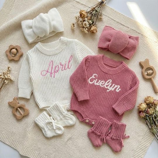 Discover Custom Baby Romper Set with Embroidered Name | Personalized Newborn Coming Home Outfit | Four Piece Gender neutral Gift Set