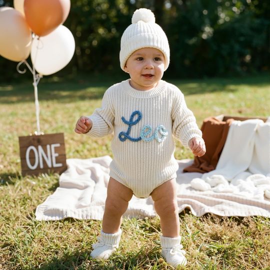 Discover Personalized Baby Romper Set with Hand Knit Name | Custom Newborn baby boy Coming Home Outfit| 4 Piece Gender Neutral Baby Gift Set