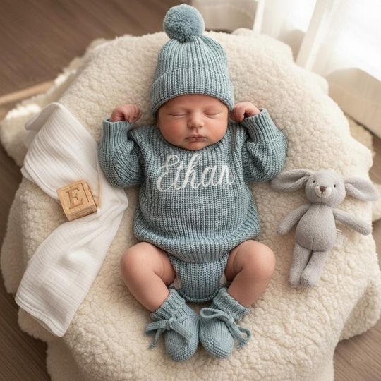 Discover Embroidered Baby Romper Set with Name | Personalized Newborn Coming Home Outfit | Four Piece Gender neutral Gift Set