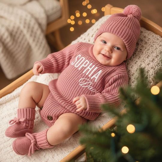 Discover Embroidered Baby Romper Set with Name | Personalized Newborn Coming Home Outfit | Four Piece Gender neutral Gift Set