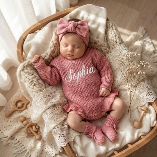 Discover Embroidered Name Baby Romper Set, Personalized Outfit, Baby Girl Romper, Coming Home, Organic Cotton Knit, Gender Neutral