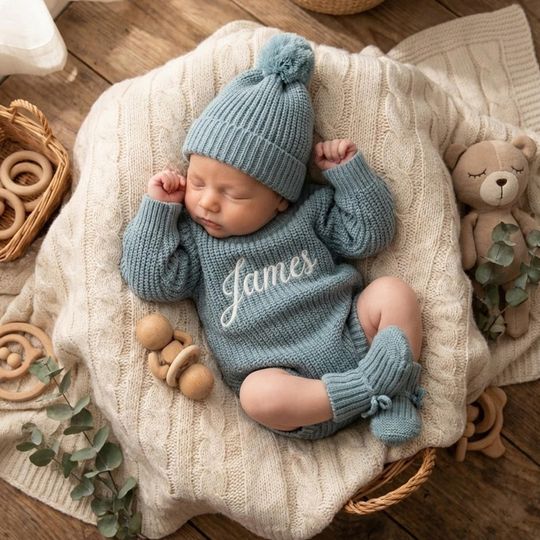 Discover Embroidered Name Baby Romper Set, Personalized Outfit, Baby Boy Romper Baby Girl Romper, Coming Home, Organic Cotton Knit, Gender Neutral