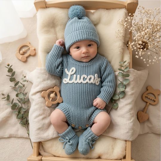 Discover Hand Embroidered Name Baby Romper Set,Personalized Outfit, Baby Boy Romper, Coming Home, Organic Cotton Knit,Gender Neutral