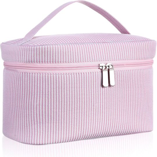 Large Seersucker Portable cosmetic Bag for Women and Teens, Toiletry Organizer for Skincare and Beauty Brushes
