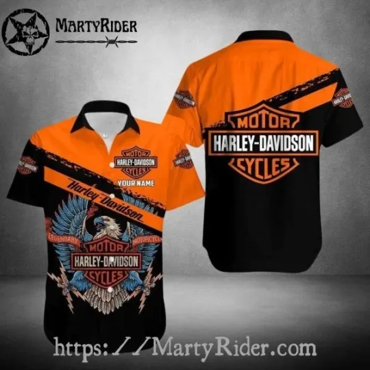 Discover Bold Orange Eagle Harley Motor Racing Davidsonn Aloha Shirt With Custom Name