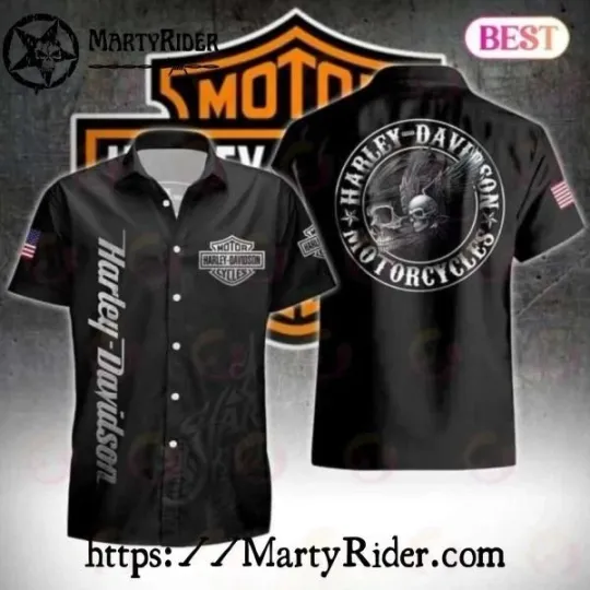 Discover Black Classic Harley Motor Racing Davidsonn Hawaiian Shirt With Skull Seal