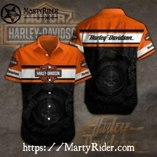 Discover Classic Orange Stripe Skull Harley Motor Racing Davidsonn Aloha Shirt