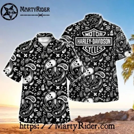Black And White Paisley Skull Harley Motor Racing Davidsonn Aloha Shirt
