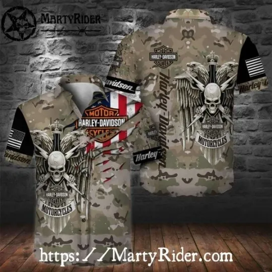 Discover Camo Skull Wings Harley Motor Racing Davidsonn Hawaiian Shirt Military