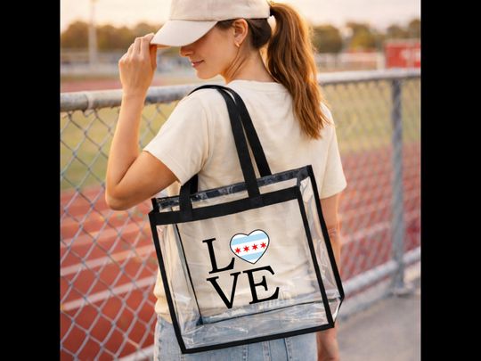Chicago Love Clear Stadium Tote Bag, Transparent Chicago Flag Heart Souvenir