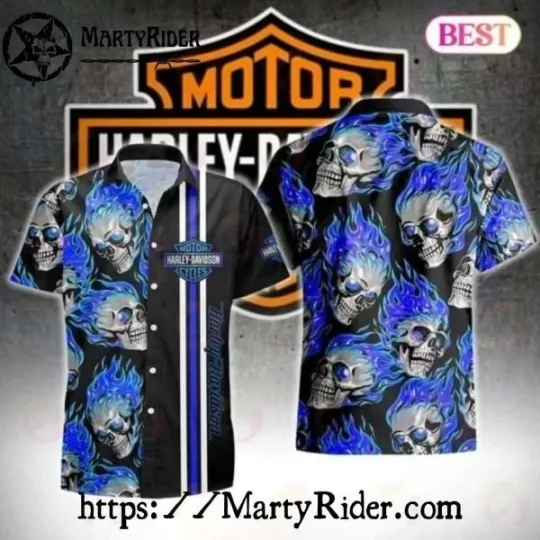 Discover Blue Flame Skulls Pattern Harley Motor Racing Davidsonn Hawaiian Shirt