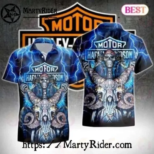 Discover Electric Blue Skull Harley Motor Racing Davidsonn Hawaiian Shirt With Ram Horns