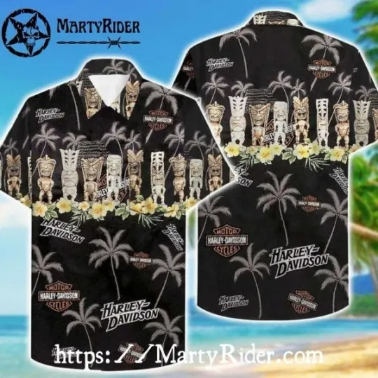 Discover Black Tiki Totem Harley Motor Racing Davidsonn Aloha Shirt With Palms