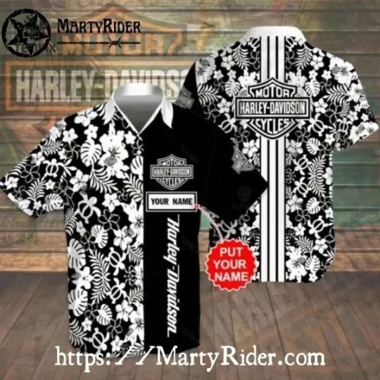 Discover Black And White Floral Harley Motor Racing Davidsonn Aloha Shirt Custom Name
