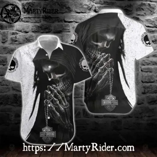 Discover Black And White Reaper Harley Motor Racing Davidsonn Hawaiian Shirt Praying