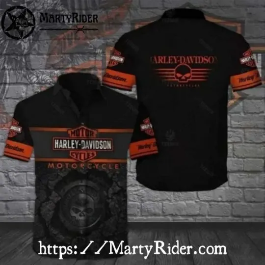 Discover Black And Orange Skull Gear Harley Motor Racing Davidsonn Aloha Shirt