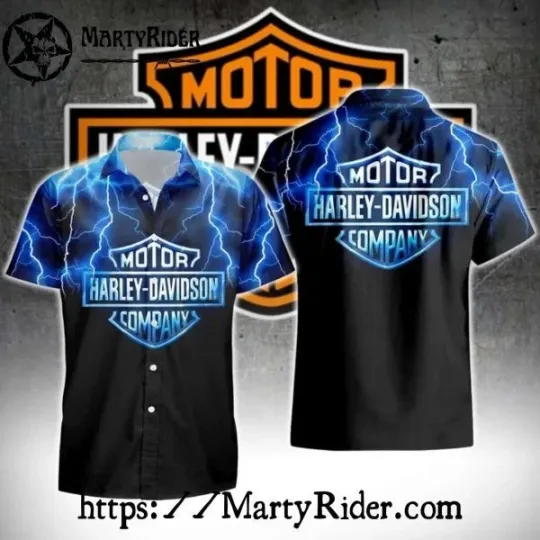 Discover Electric Blue Lightning Harley Motor Racing Davidsonn Aloha Shirt