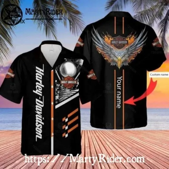 Discover Engine Graphic Harley Motor Racing Davidsonn Aloha Shirt With Flaming Eagle Back