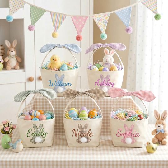 Personalized Easter Basket Bunny Bow, Custom Embroidered Name Basket, Flower Girl Basket, Baby Shower Gift, Easter Egg Hunt Decor