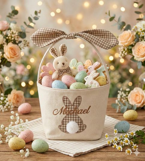 Custom Easter Bunny Embroidered Basket, Custom Name Kids Easter Basket Gift, Monogram Gift for Boys Girls, Easter Egg Hunt Bag, Holiday Tote
