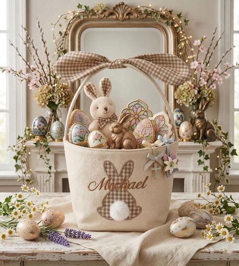 Custom Easter Bunny Embroidered Basket Gift, Custom Name Kids Easter Basket Gift, Monogram Gift for Boys Girls, Easter Egg Hunt Bag, Holiday