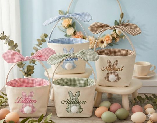 Personalized Easter Bunny Embroidered Basket, Custom Name Kids Easter Basket, Monogram Gift for Boys Girls, Easter Egg Hunt Bag