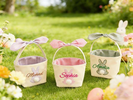 Personalized Embroidered Easter Basket, Bunny Rabbit Egg Hunt Bag, Kids Gift