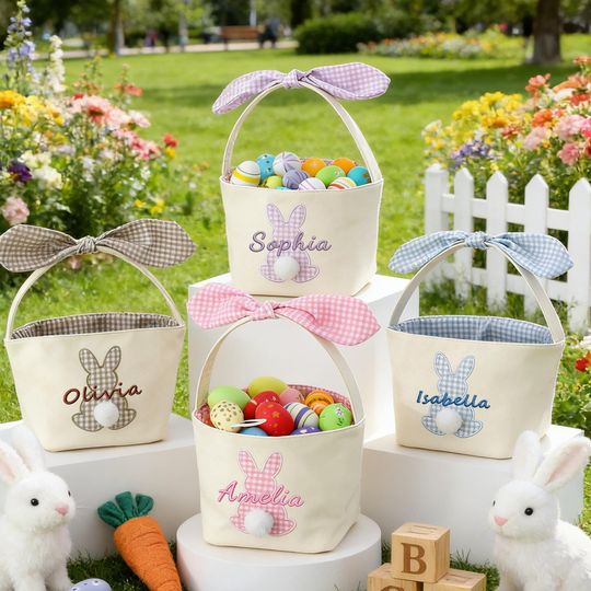 Personalized Embroidered Easter Basket with name,Custom Bunny Rabbit BucketEaster Egg Hunt Gift for Kids,Baby's First Easter Keepsake