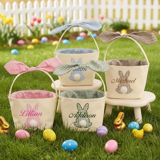 Personalized Easter Basket, Embroidered Name, Bunny Rabbit Basket, Easter Egg Hunt Basket, Easter Gift for Kid