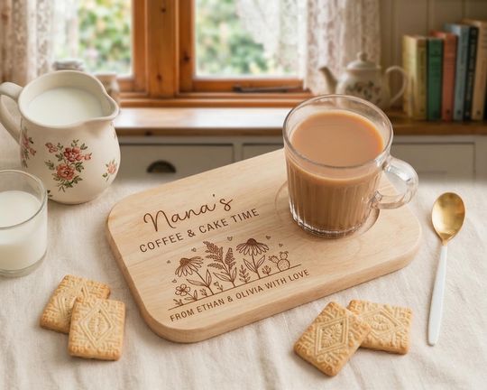 Personalized Nana's Coffee and Cake Tray, Custom Wooden Tea and Biscuit Board, Mother's Day Gift for Grandma, Birthday Gift from Grandkids