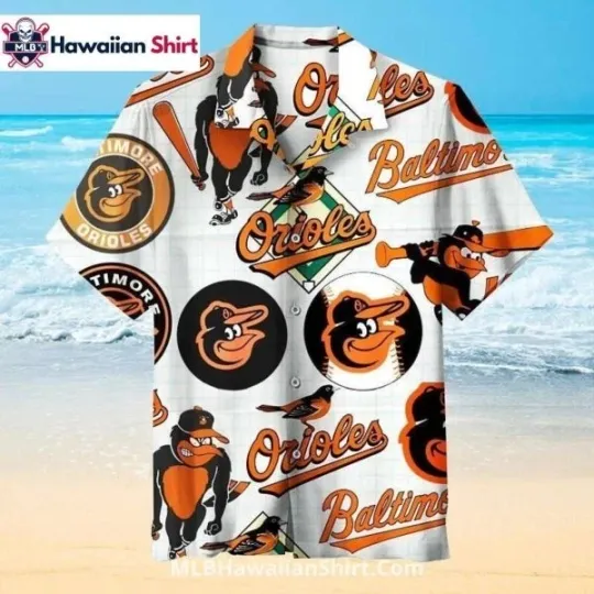 Discover Vintage Logo Collage Baltimore Baseball Team Orioless Aloha Shirt White
