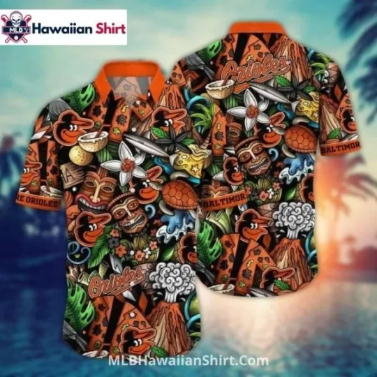 Discover Tropical Volcano And Tiki Baltimore Baseball Team Orioless Hawaiian Shirt