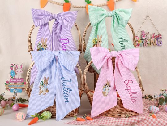 Discover Personalized Seersucker Easter Basket Bow, Embroidered Monogrammed Name Ribbon for Kids, Spring Bunny Accessory