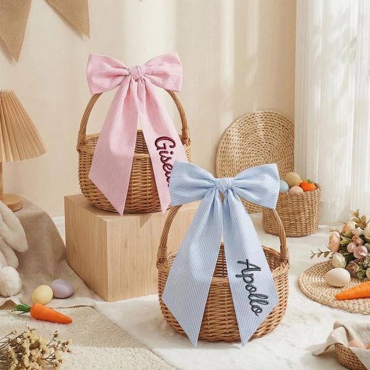 Discover Personalized  Seersucker Easter Basket Bow, Custom Name Striped  for Easter Basket, Baby First Easter Basket Accessory, Spring Gift for Kids