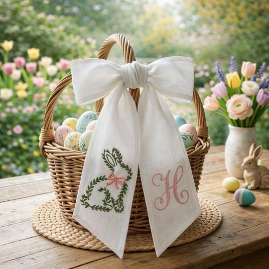 Personalized Easter Wreath Sash, Embroidered Bunny Basket Bow, Custom Monogram Easter Wreath Ribbon, Spring Easter Wreath Decor