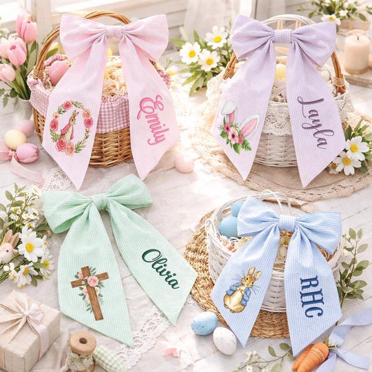 Discover Personalized Easter Basket Bow Seersucker  , Monogrammed Bunny Design, Easter Basket Decoration, Easter Gift, Spring Bunny Accessory