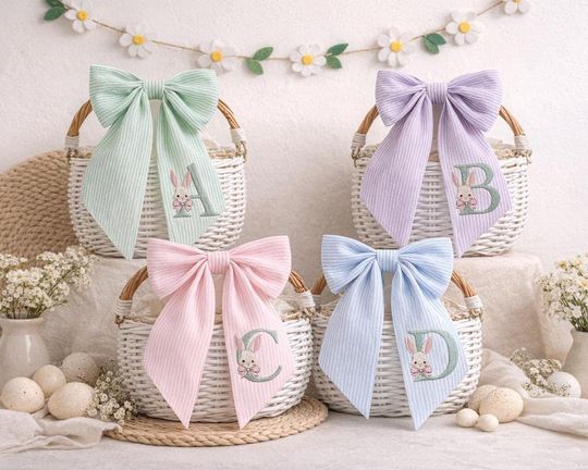 Discover Personalized Name Easter Basket Bow, Embroidered Monogrammed Bunny Design, Seersucker Bow Decoration, Easter Gift for Kids