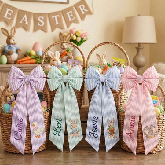 Discover Personalized Seersucker Easter Basket Bow, Monogrammed Handle Decoration Ribbon, Easter Decor Sash