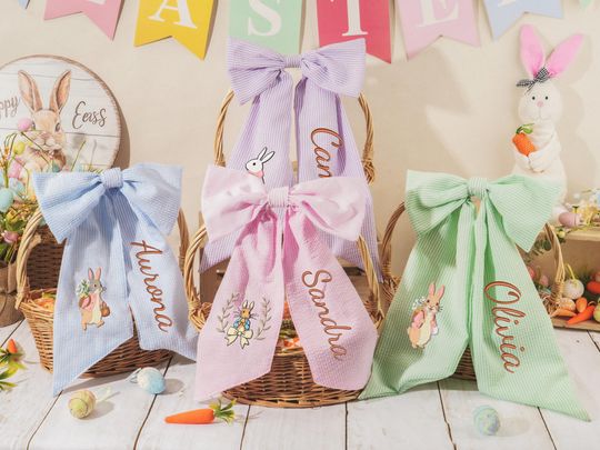 Discover Personalized Seersucker Easter Basket Bow with Name,Embroidered Bunny Basket Decor for Kid|Toddler