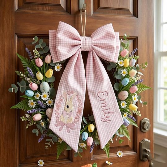 Discover Personalized Seersucker Easter Basket Bow,Monogrammed Handle Decoration  Ribbon,Personalized Christian Easter Ribbon,Easter Door Wreath Sash