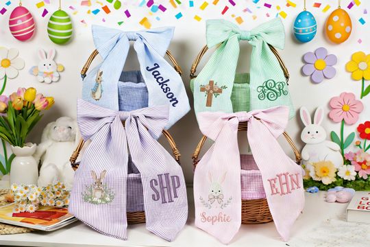 Discover Personalized Easter Basket Bow with Embroidered Name, Monogrammed Seersucker Easter Basket Bow, Bunny Baskets Bow with Name or Monogram