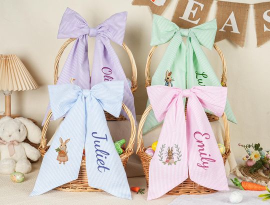 Discover Personalized Seersucker Easter Basket Bow, Monogrammed Handle Decoration Ribbon