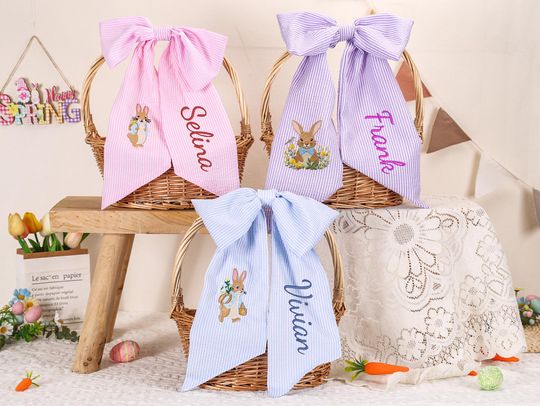 Discover Personalized Seersucker Easter Basket Bow, Monogrammed Bunny Design, Handle Decoration Ribbon