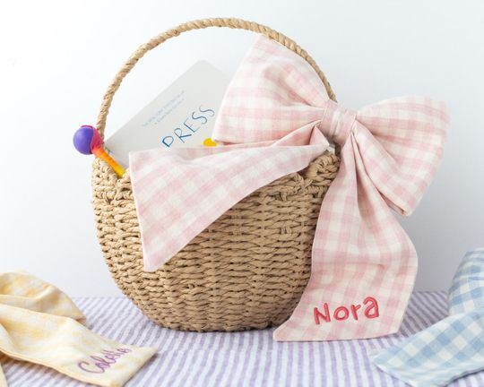 Personalized Easter Basket Bow | Handmade Kids Easter Bow | Yellow, Blue, + Pink Gingham Easter Bow Tag | New Style | Exclusively on printblur.com