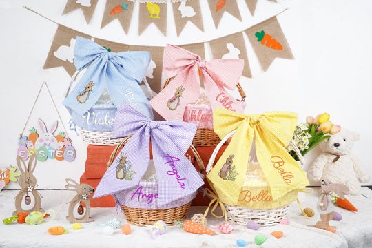 Discover Personalized Seersucker Easter Basket Bow, Monogrammed Bunny Design, Embroidered Name, Easter Basket Decor, Kids Spring Gift