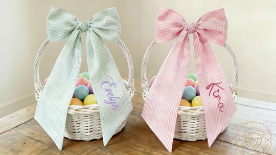 Discover Personalized Name Basket bow-Embroidered Easter Oversized Bow Sash, Newborn Sash,Sash Bow for Baby,Kids Easter gift,Gift Wrap,Seersucker Bow