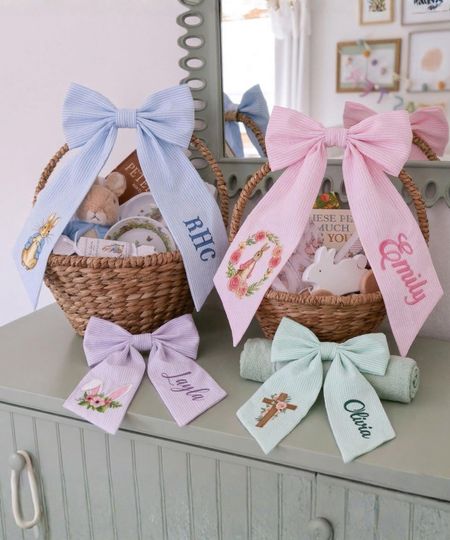 Discover Personalized Easter Basket Bow With Embroidered Name, Monogrammed Seersucker Easter Basket Bow, Bunny Baskets Bow With Name Or Monogram
