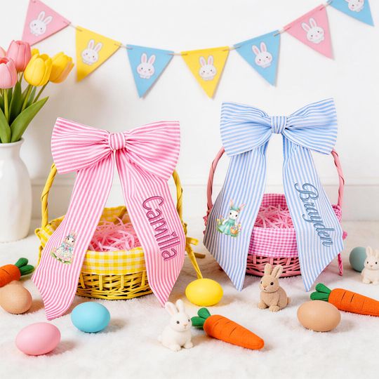Personalized Seersucker Easter Basket Bow, Bunny Baskets Bow with Embroidered Name, Custom Basket Handle Ribbon, Kids Gifts, Seersucker Bow